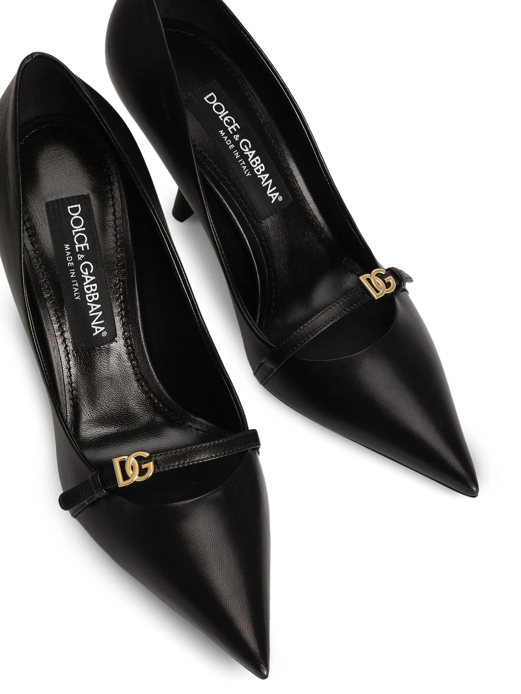 Pointed-Toe Black Leather Metallic Logo Pumps