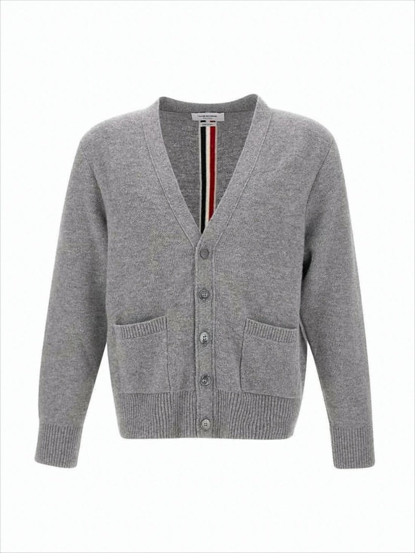 V-Neck Grey Wool Cardigan with Distinctive Stripe Detail