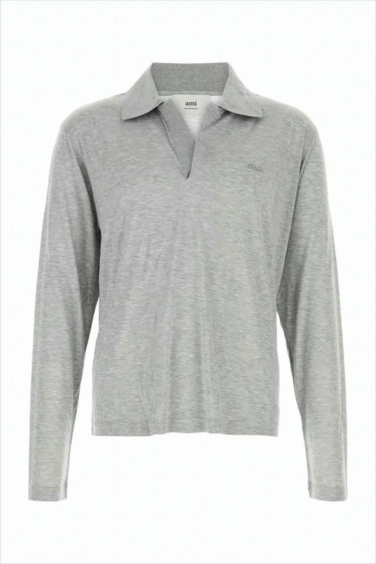 Heathered Grey Long-Sleeve Polo Shirt with Classic Collar