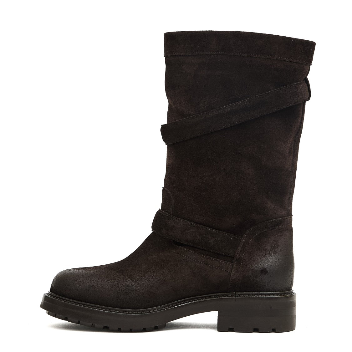 Dark Brown Suede Biker Ankle Boots With Zipper And Buckle Accents