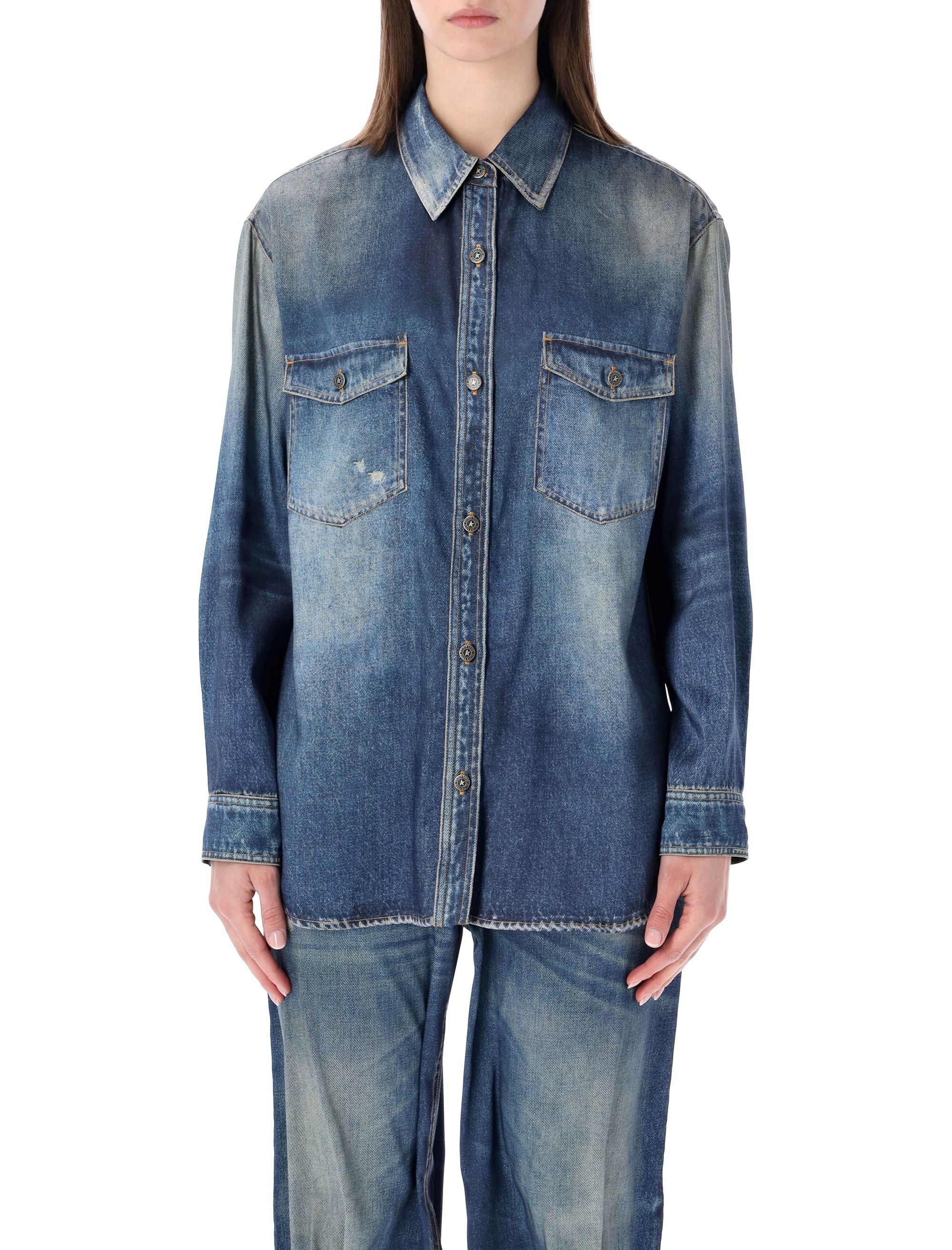 Denim-Effect Print Satin Overshirt With Classic Collar And Patch Pockets