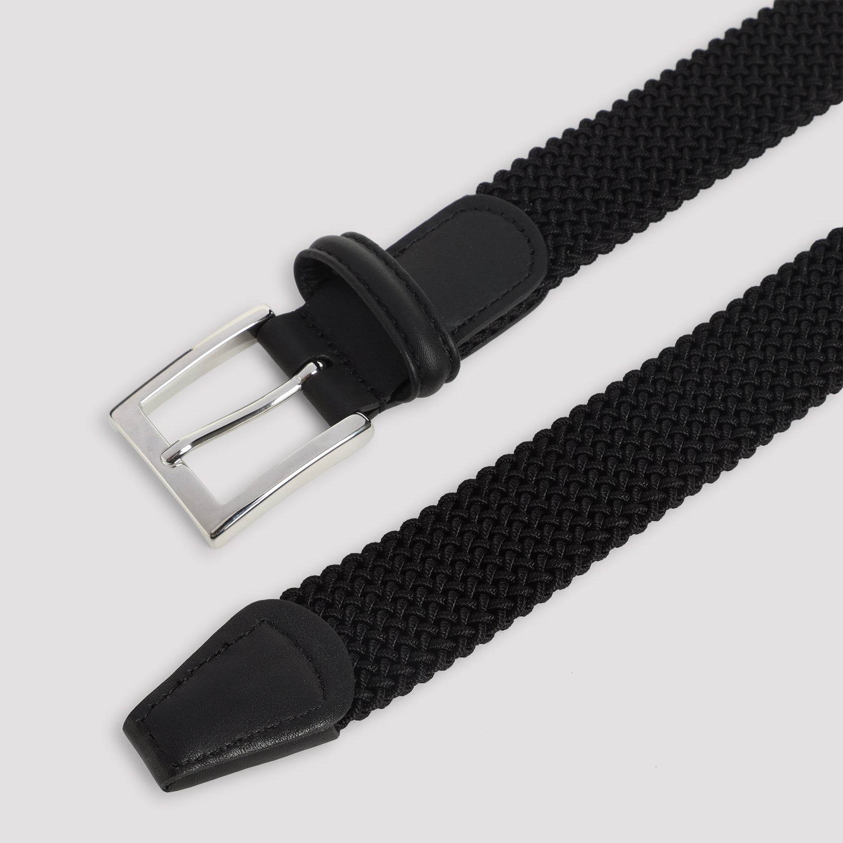 Woven Elastic Strap Belt with Leather Accents