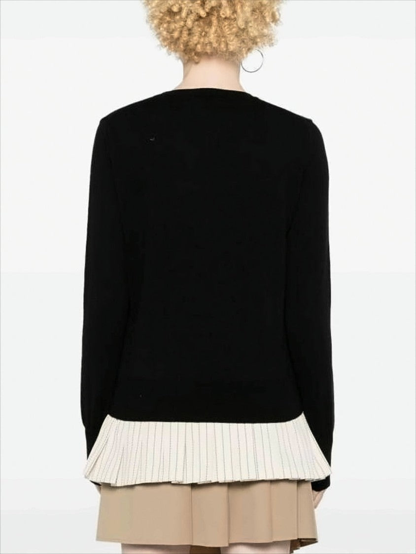 Black Knit Sweater with Cream Pleated Hem