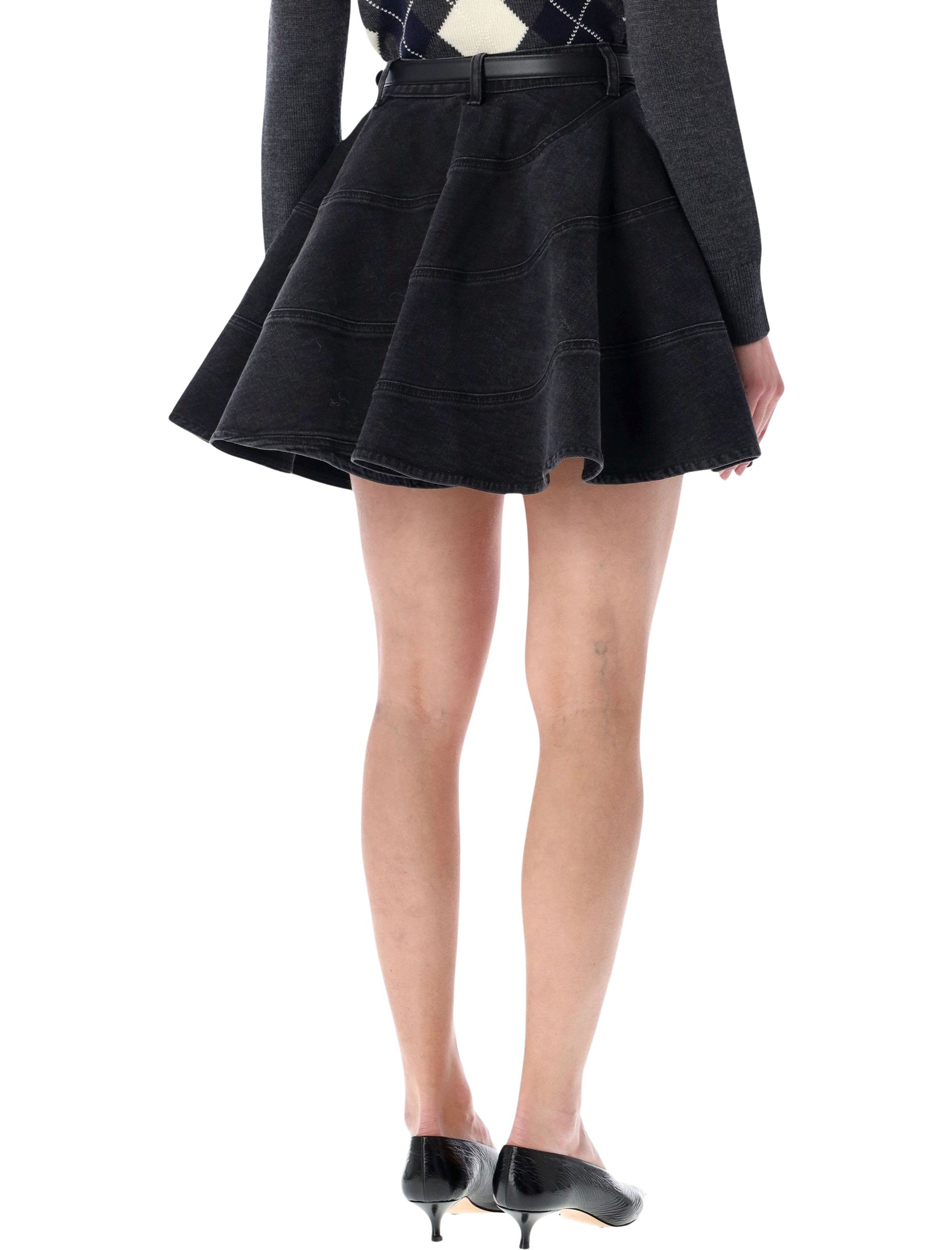 Flared Black Denim Mini Skirt