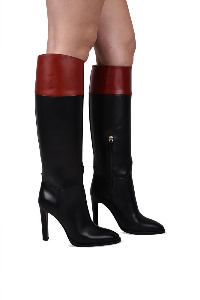 Knee-High Fascia Boots With Contrasting Red Yoke
