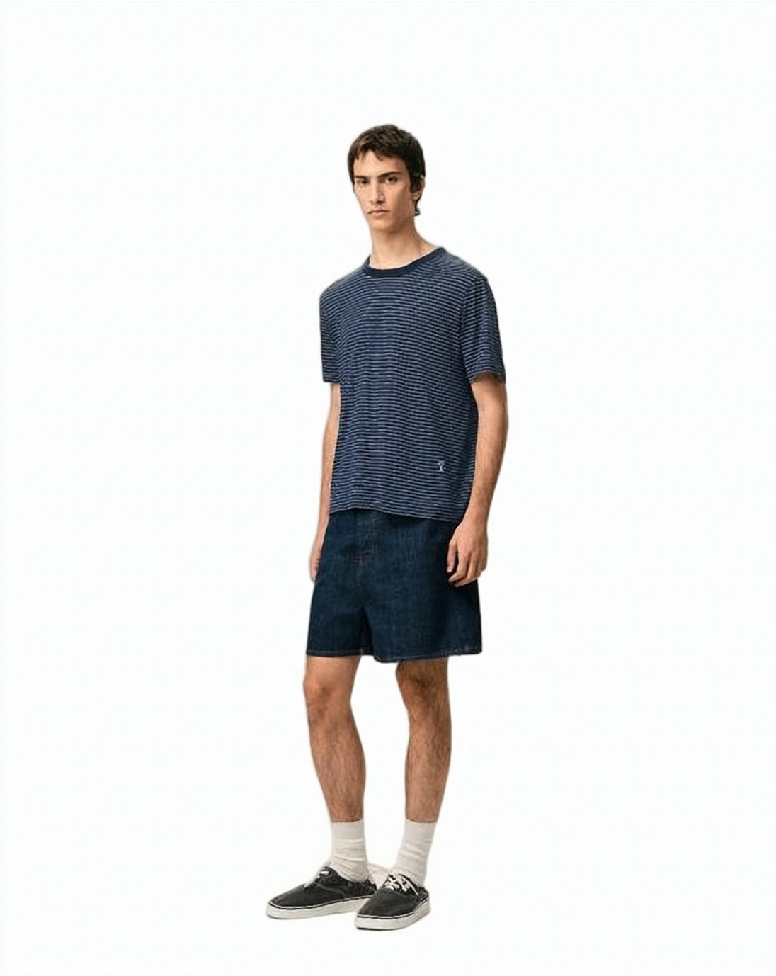 Navy Blue Cotton T-Shirt with Striped Design