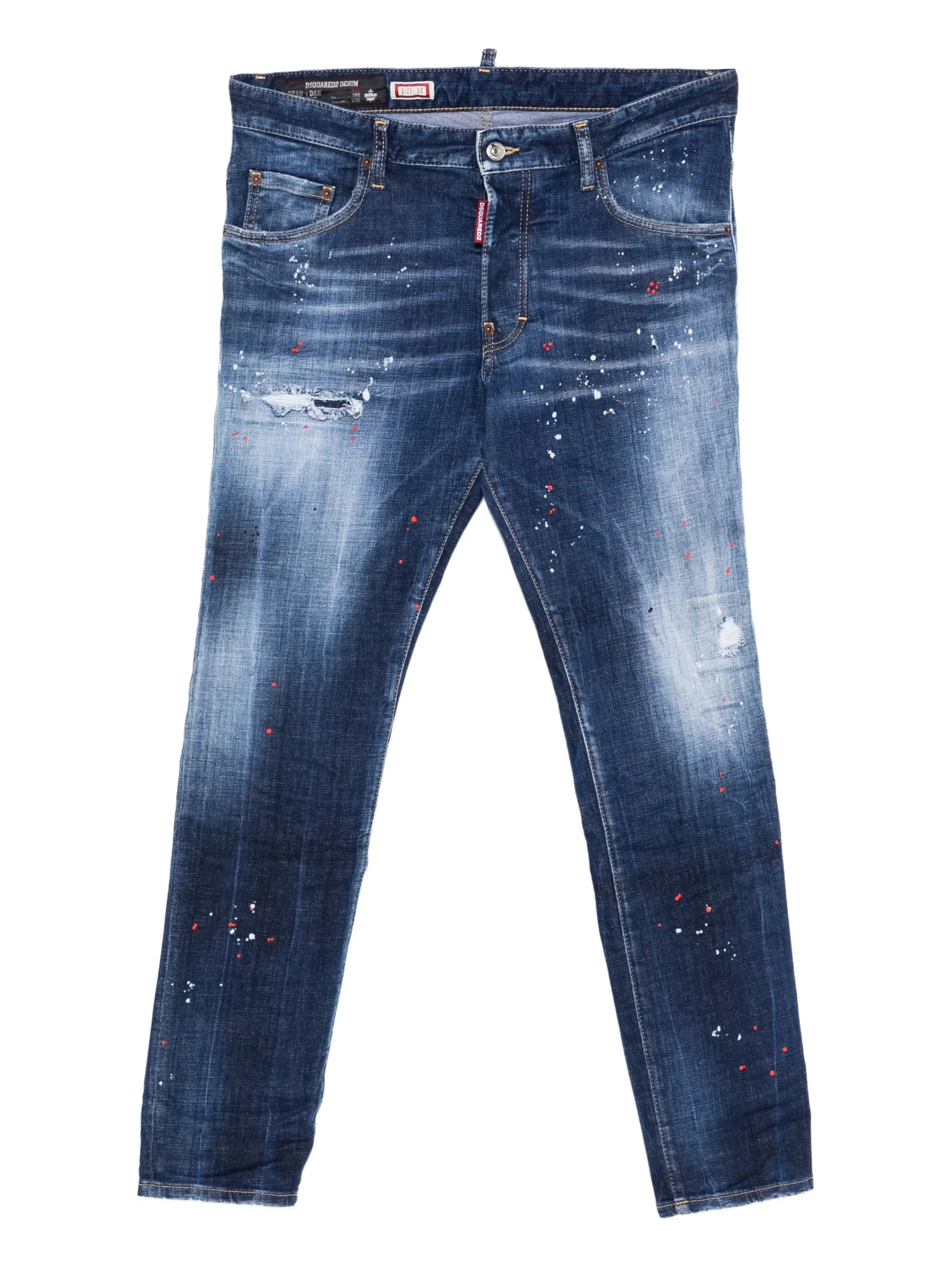 Slim Fit Distressed Paint Splatter Jeans