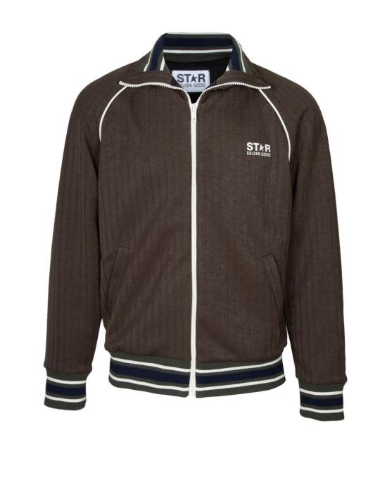 Zip-Up Brown Casual Jacket with Contrasting Piping