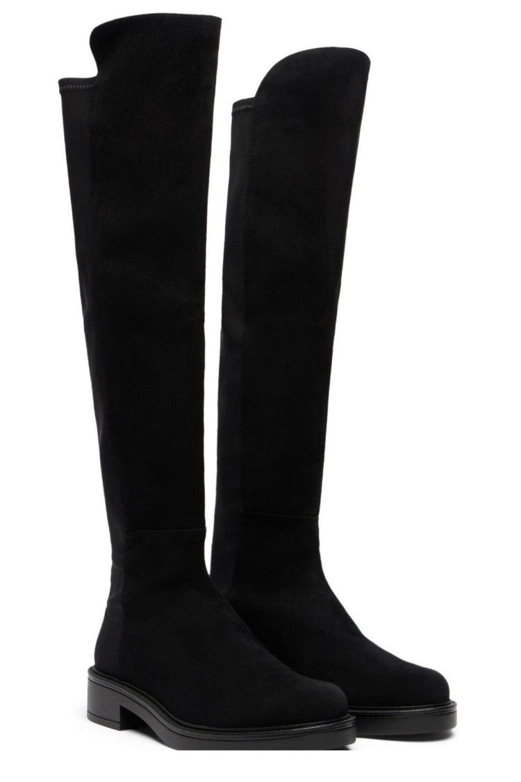 Suede Over-the-Knee Boots with Rounded Toe and Low Block Heel