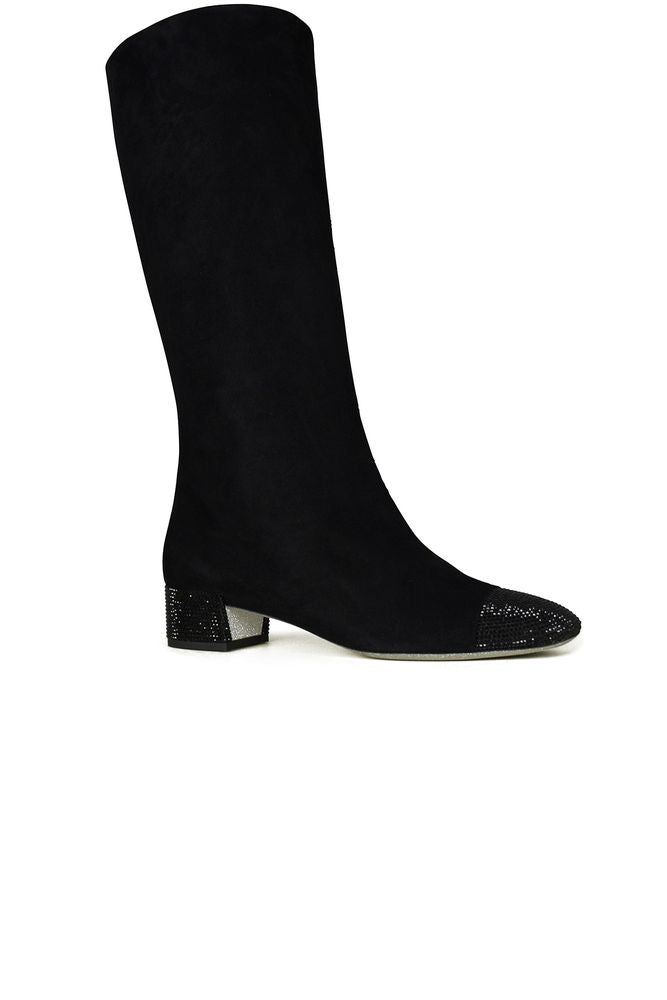 Mid-Calf Black Suede Boots With Glitter-Embellished Details