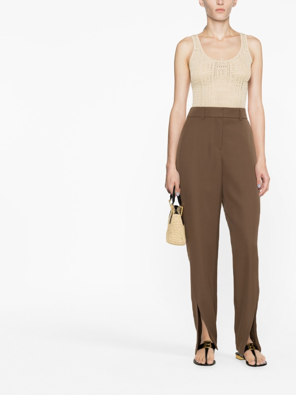 Tobacco Brown Slit-Detail Tapered Trousers