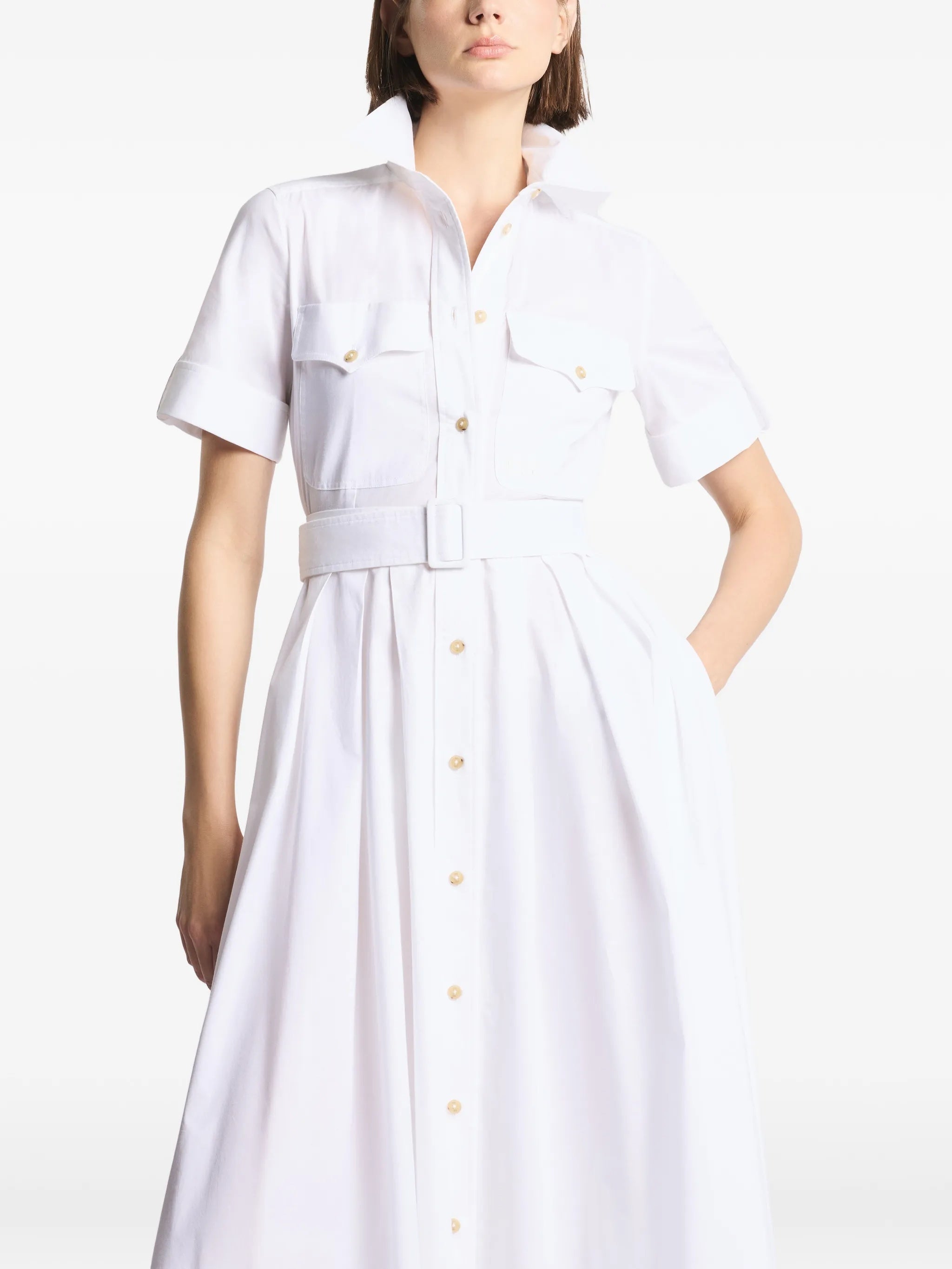 White Midi Structured Collar Belted Dress