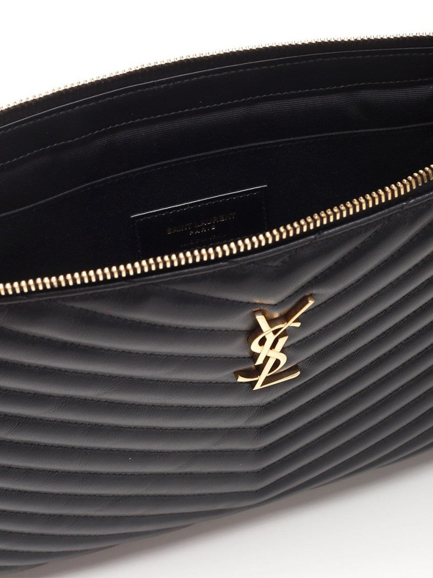 Chevron Quilted Leather Clutch with Wrist Strap