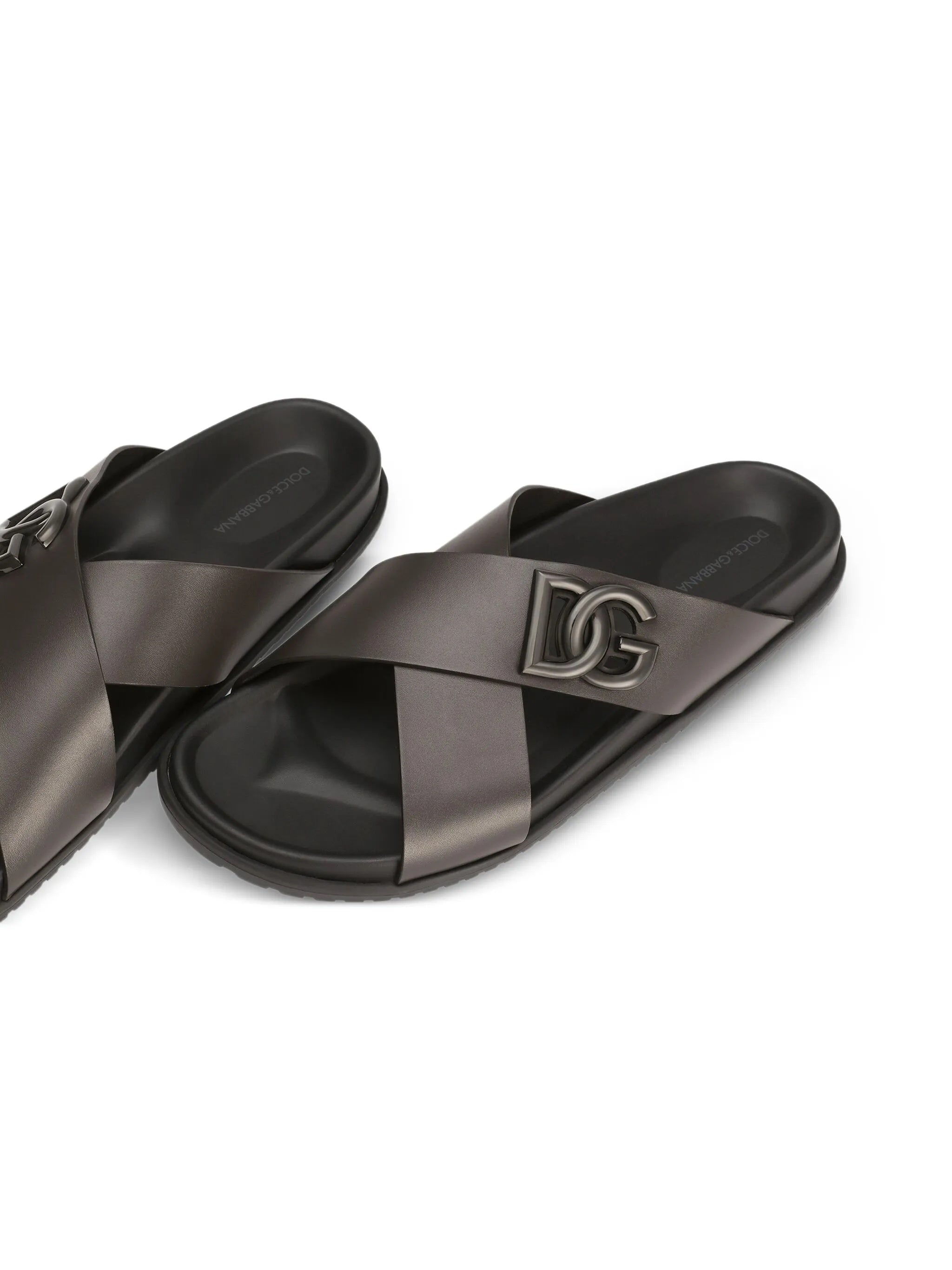 Black Leather Interlocking Logo Slide Sandals