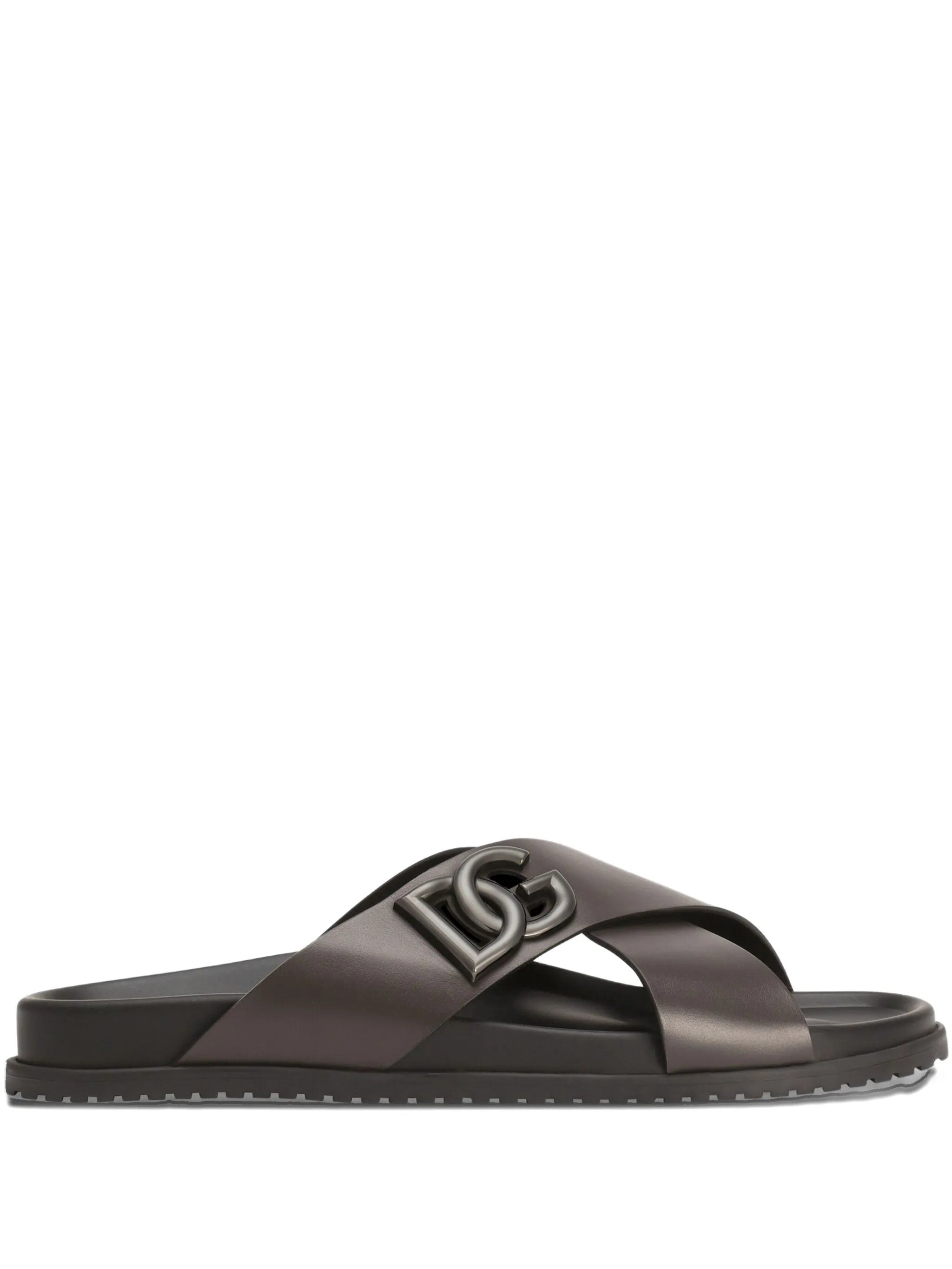 Black Leather Interlocking Logo Slide Sandals