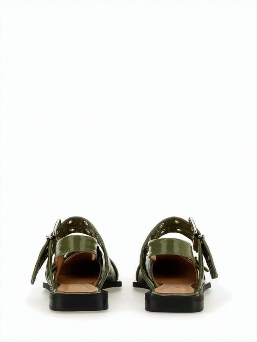 Glossy Olive Green Leather Flat Shoes with Buckle Detailing