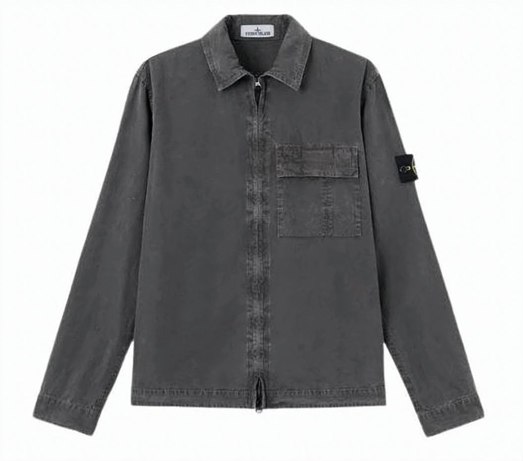 Washed Charcoal Grey Jacket with Classic Collar and Utility Pocket