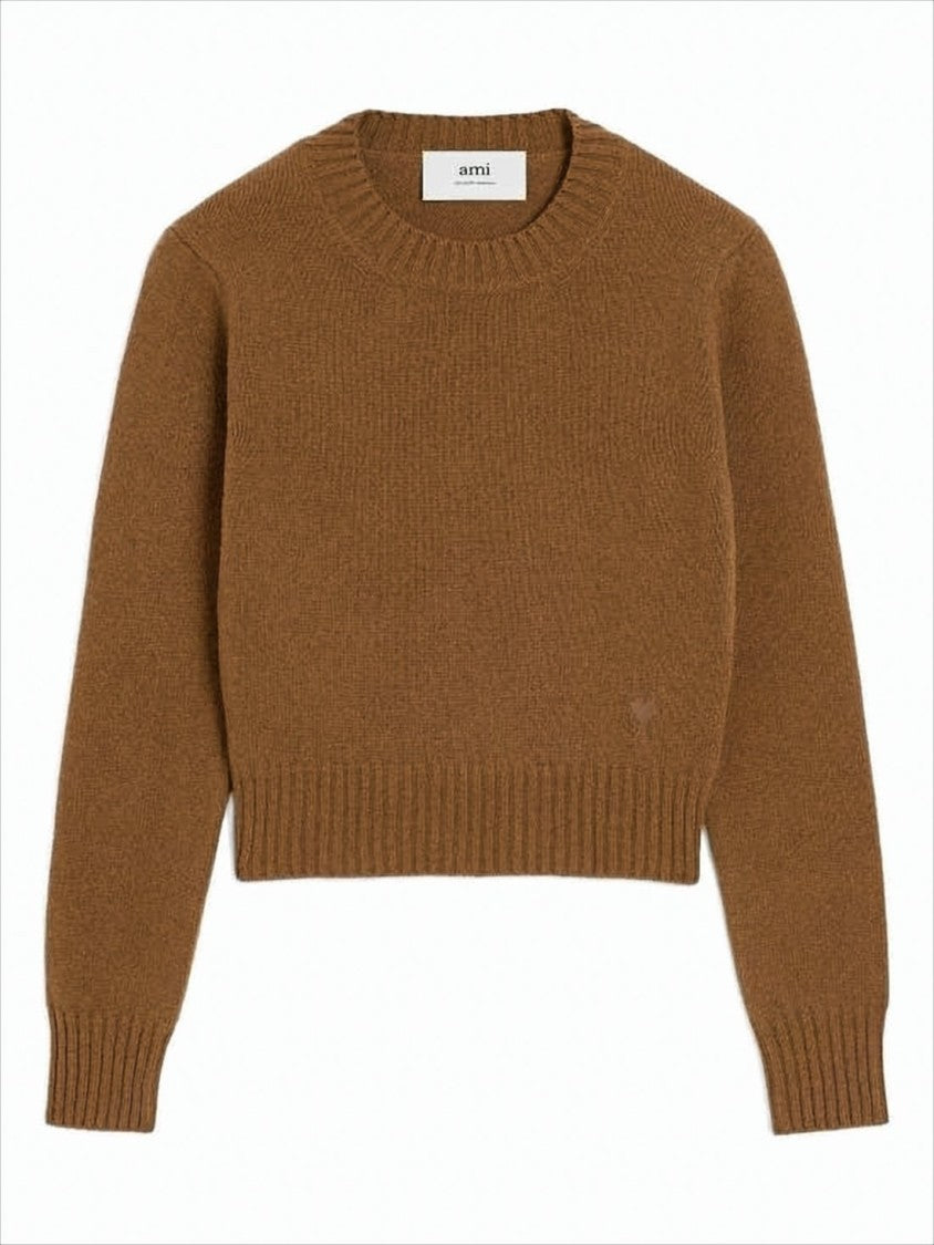 Cropped Brown Cashmere Blend Sweater with Heart Detail