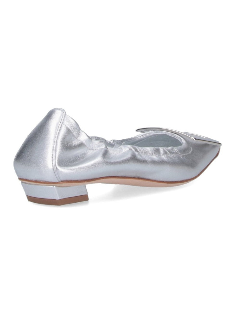 Metallic Silver Leather Ballerina Flats With Draped Detailing