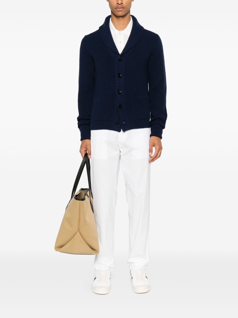 Navy Blue Cashmere Cardigan With Shawl Collar