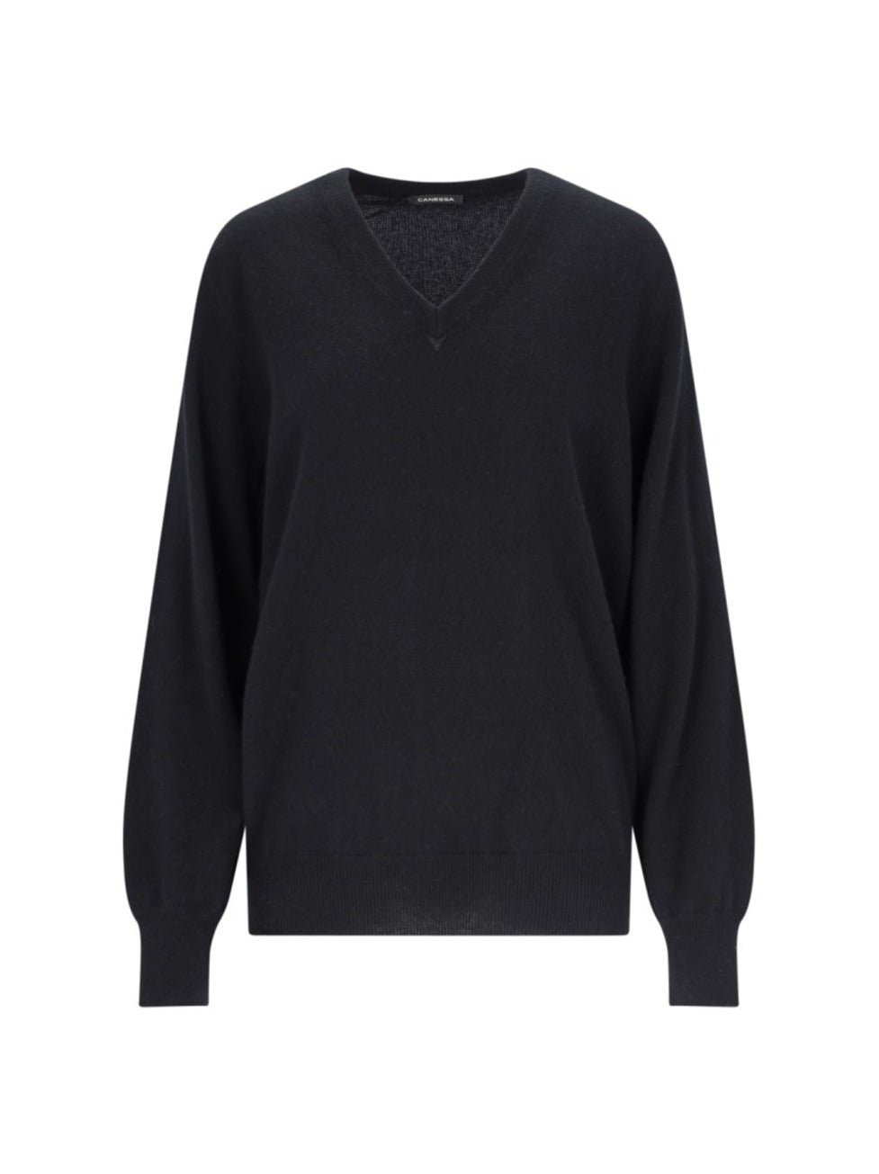 V-Neck Sweater In Black Cashmere Ribbed Trim