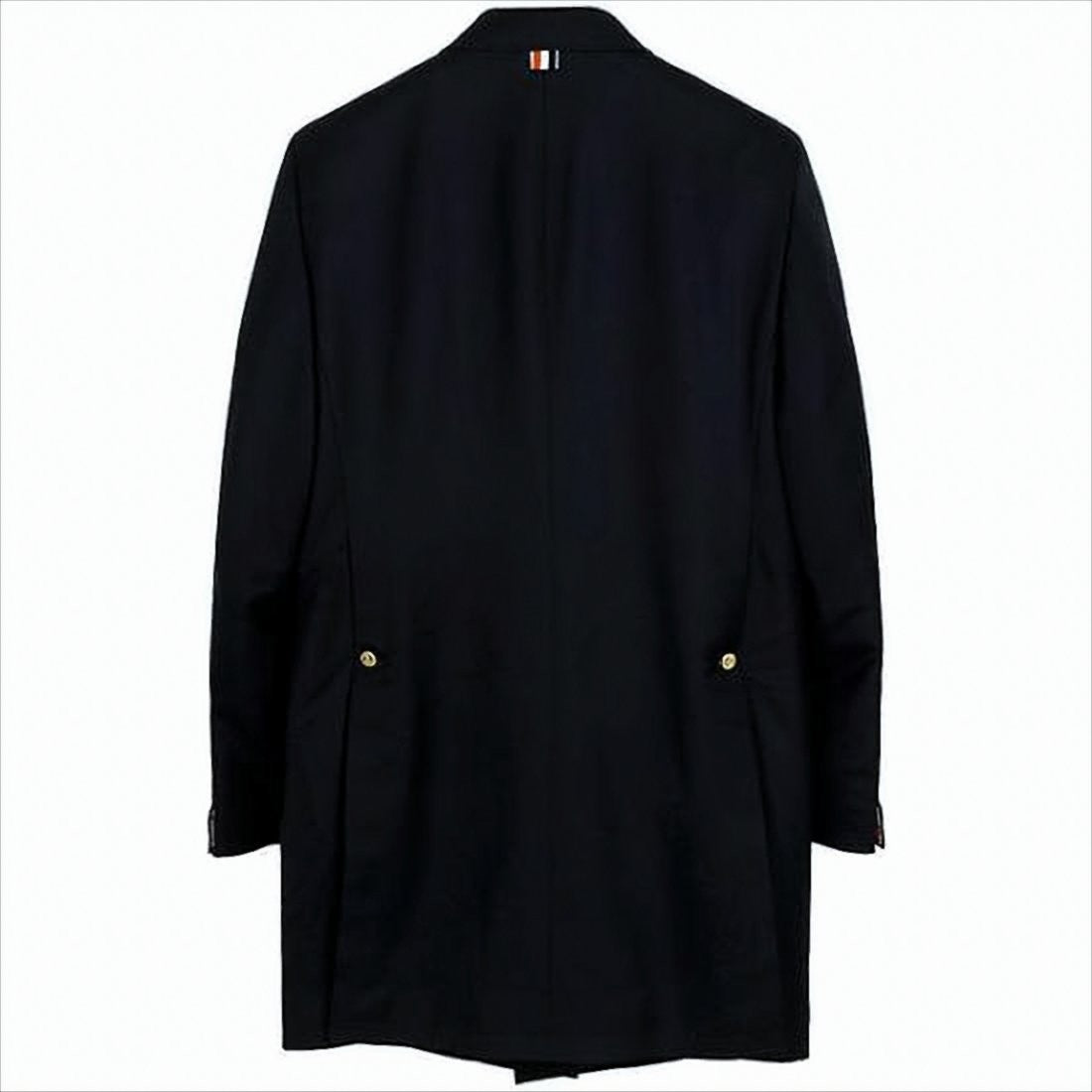Long Black Wool Coat with Double-Breasted Front and Notched Lapel