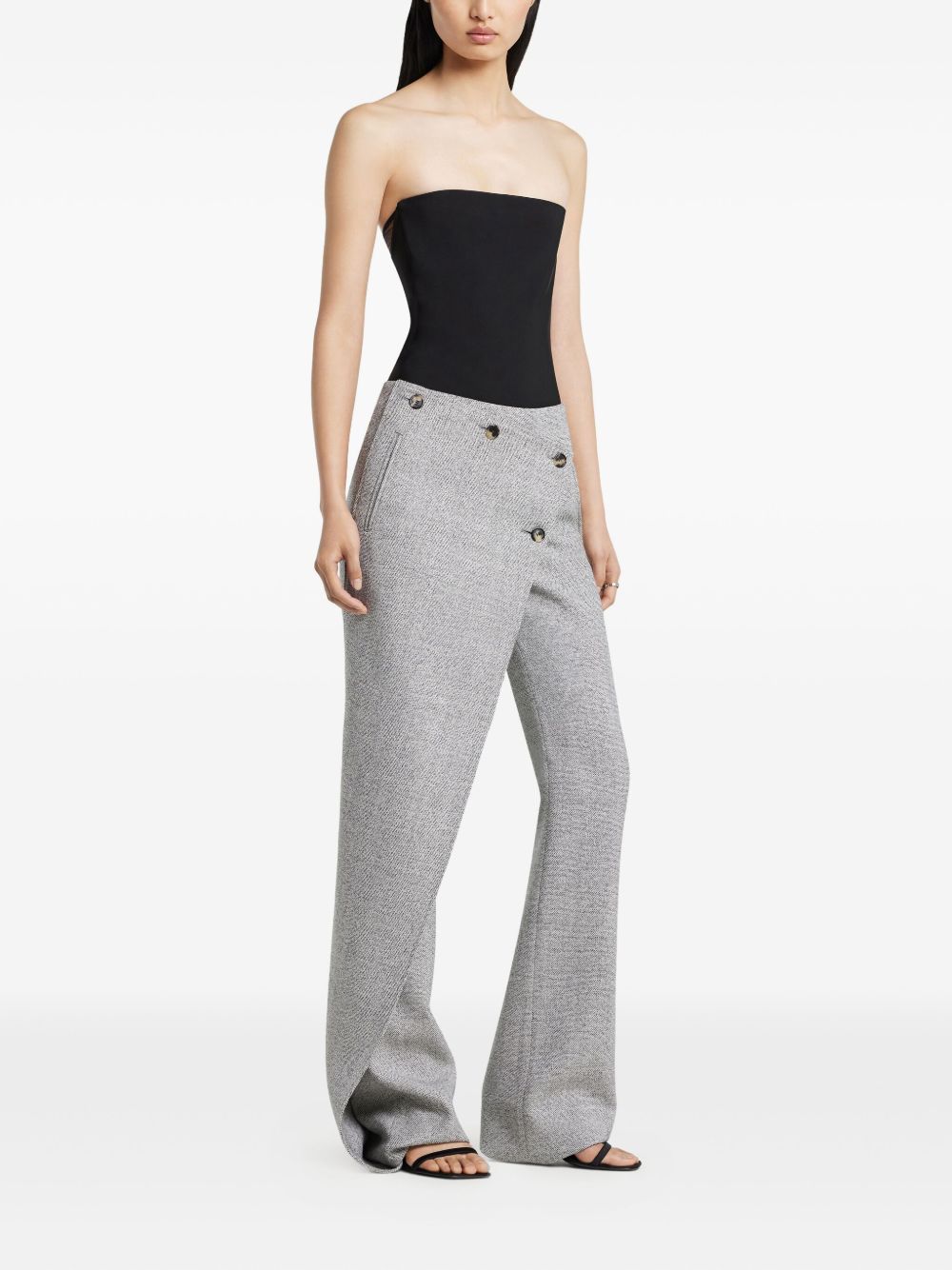 Asymmetrical Button-Detail Bodysuit With Strapless Neckline