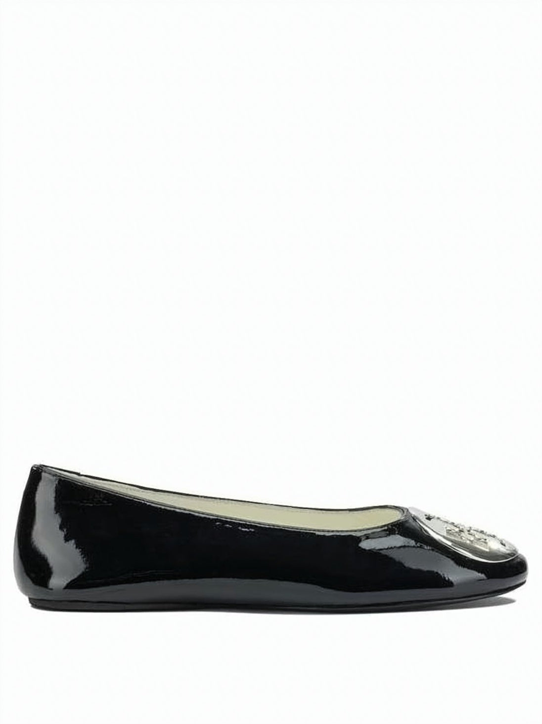 Glossy Leather Flat Shoes with Metallic Emblem