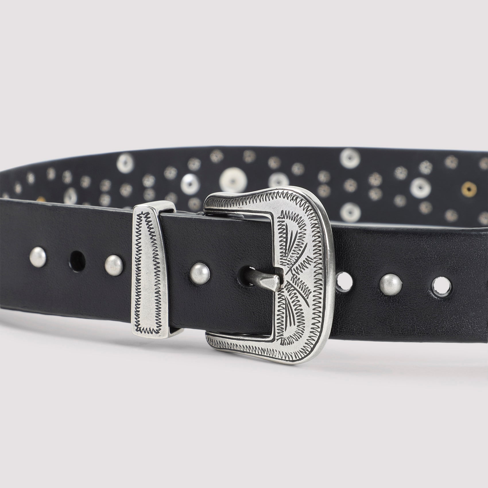 Black Leather Belt With Silver-Tone Studs And Vintage Buckle