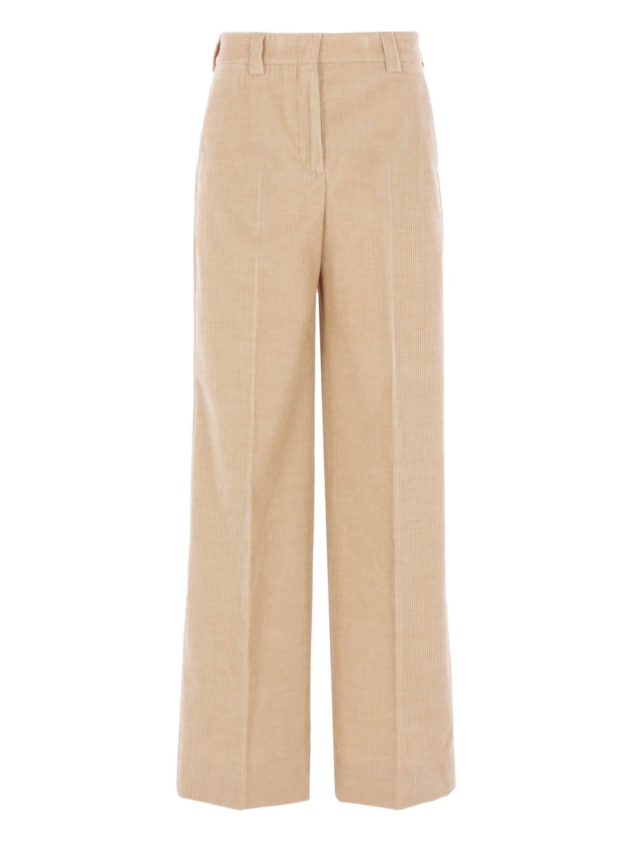 Beige Wide-Leg Textured Corduroy Pants