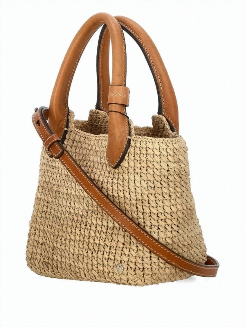 Woven Raffia Tote Bag with Leather Accents