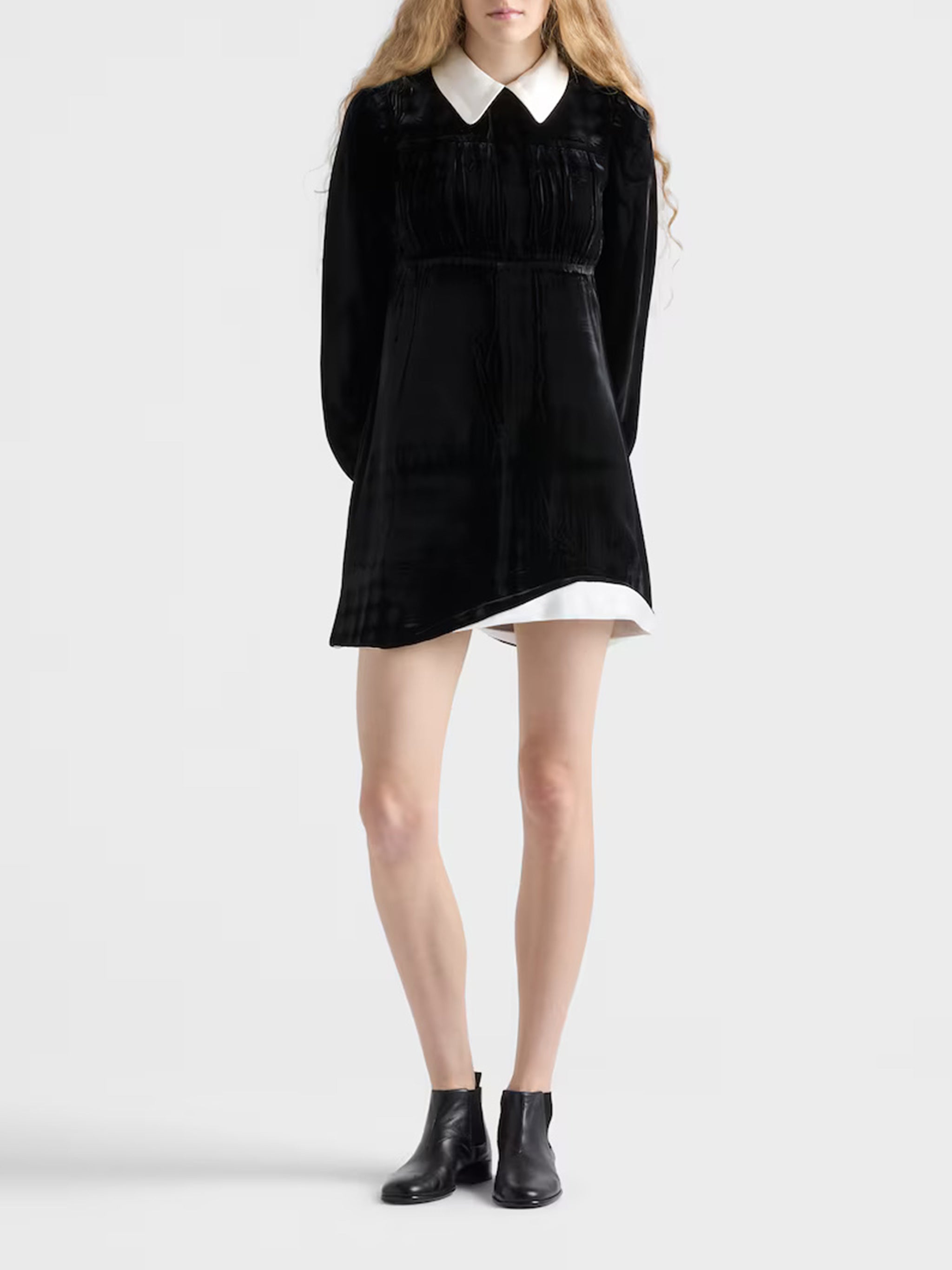 Black Velvet Puffed-Sleeve Mini Dress