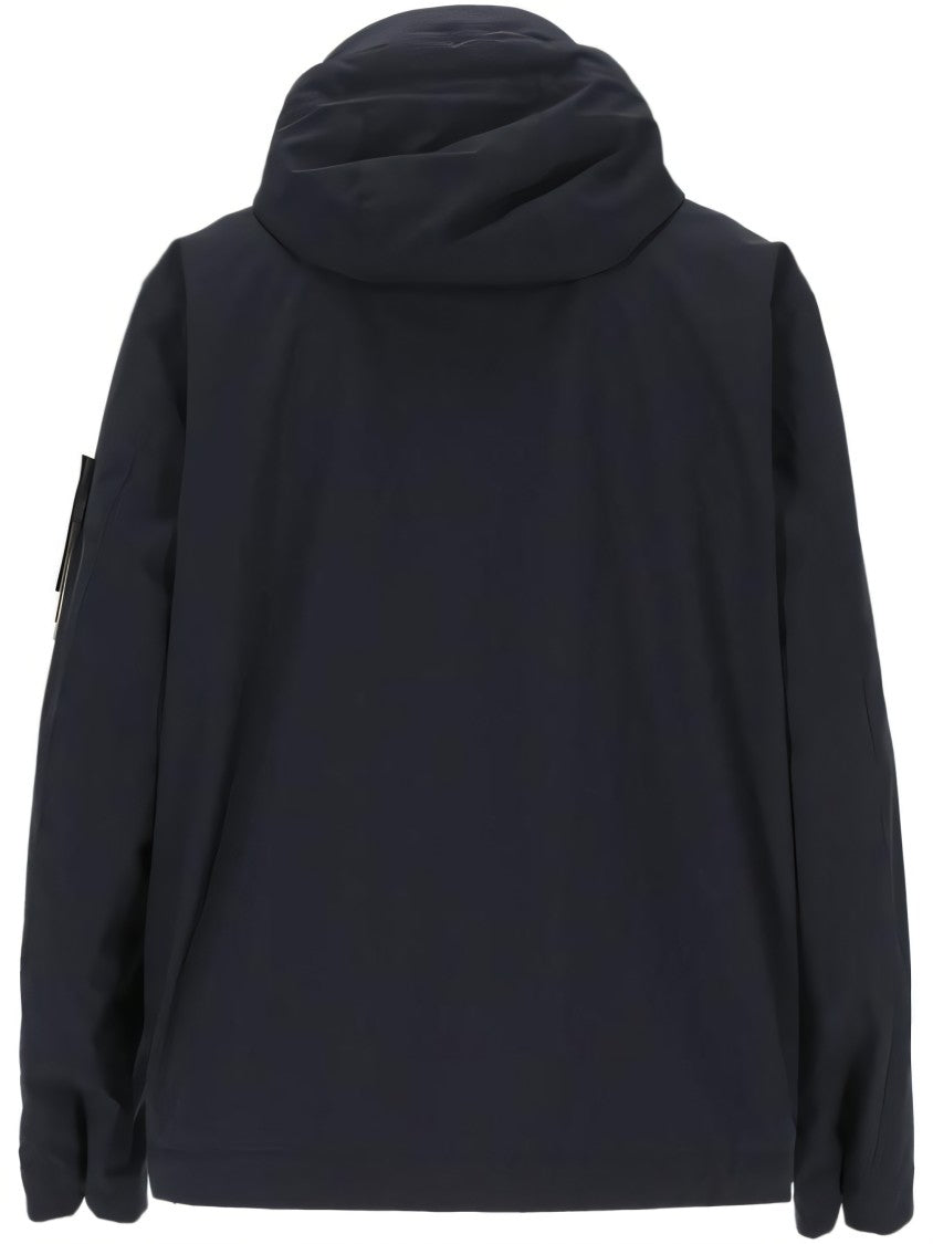 Modern Black Leather Jacket With Hood And Zip Closure