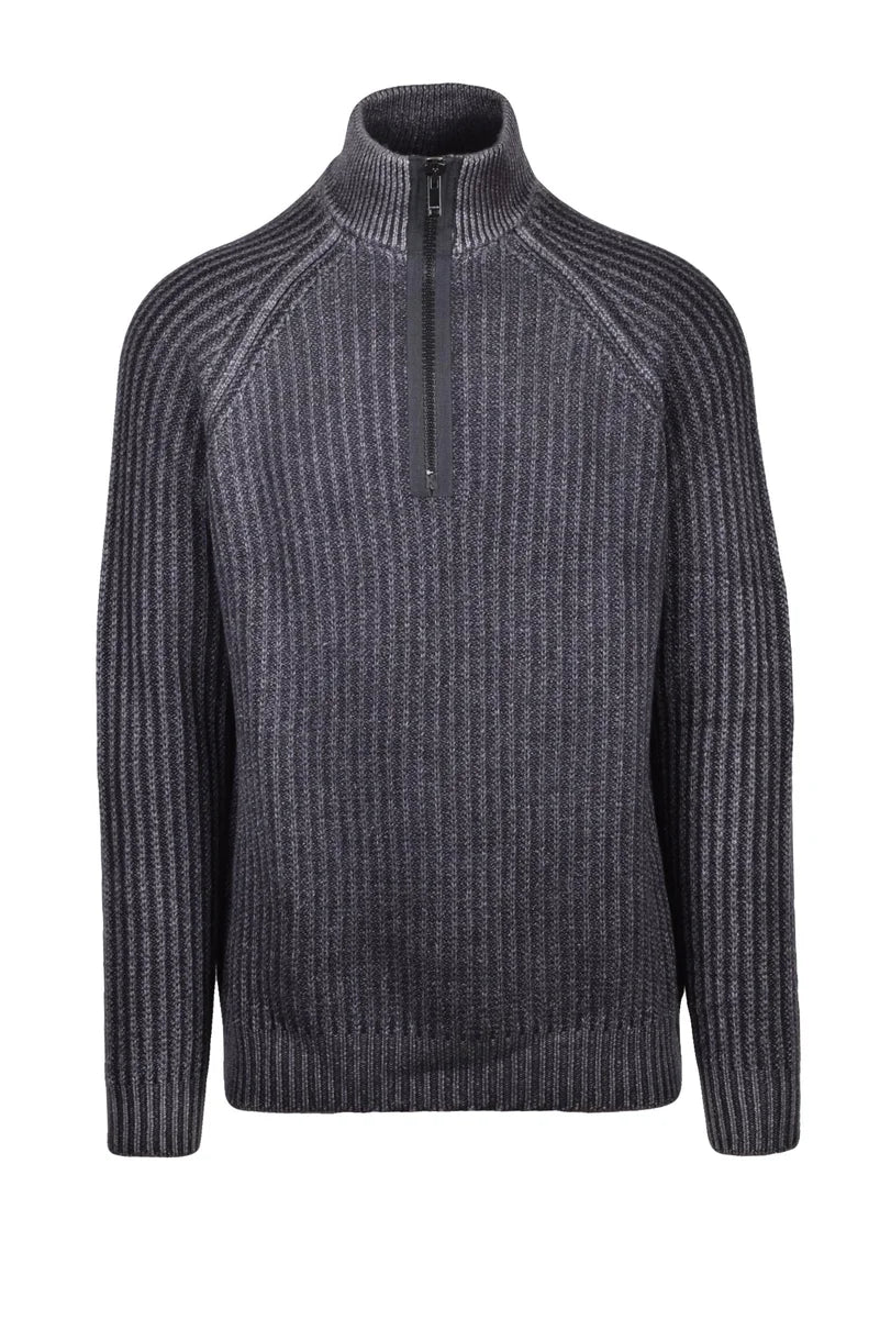 Wool Zip Mock Neck Sweater - Black/Grey