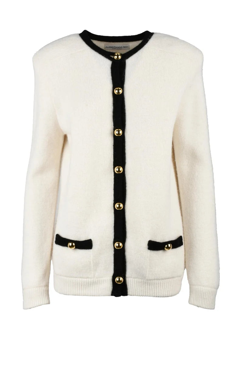 Alpaca Cardigan Jewel Buttons - White/Black