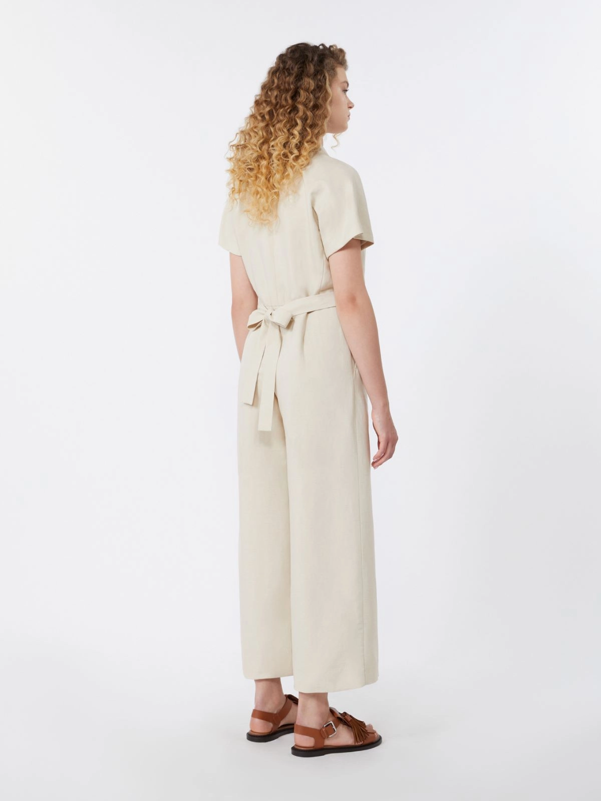 Short-Sleeved Jumpsuit with Wrap Front and Notched Lapel