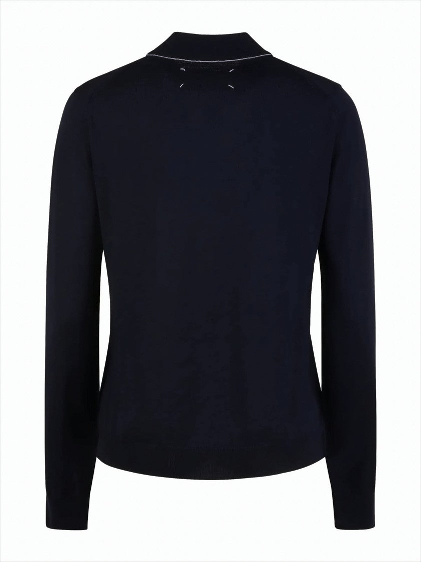 Fitted Knit Top With High Neckline And Contrast Stitching