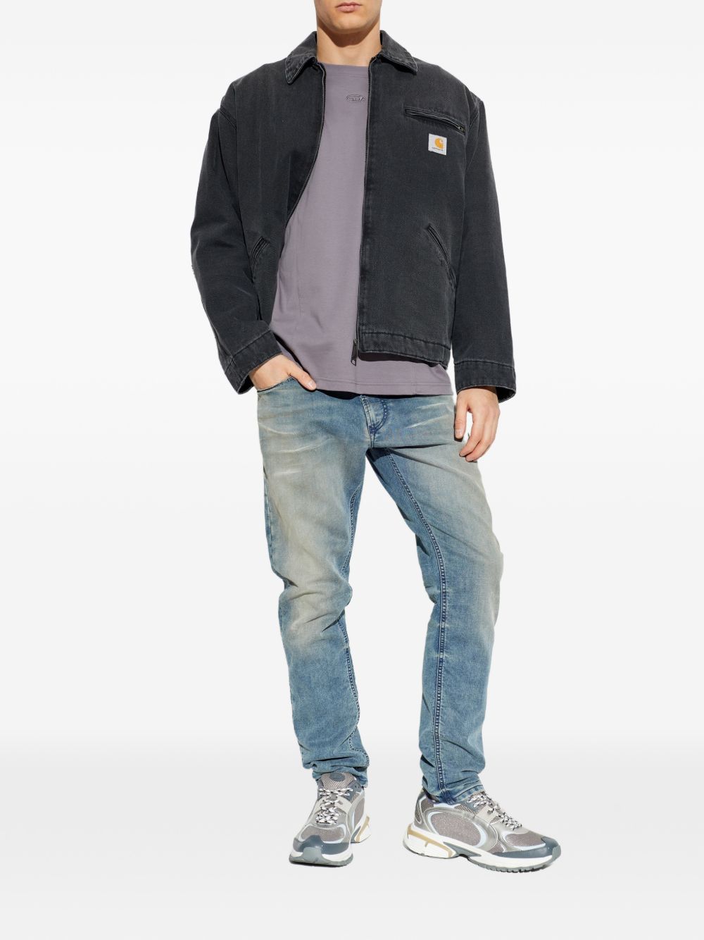 Faded Blue Drawstring-Fastening Jeans With Five Pockets