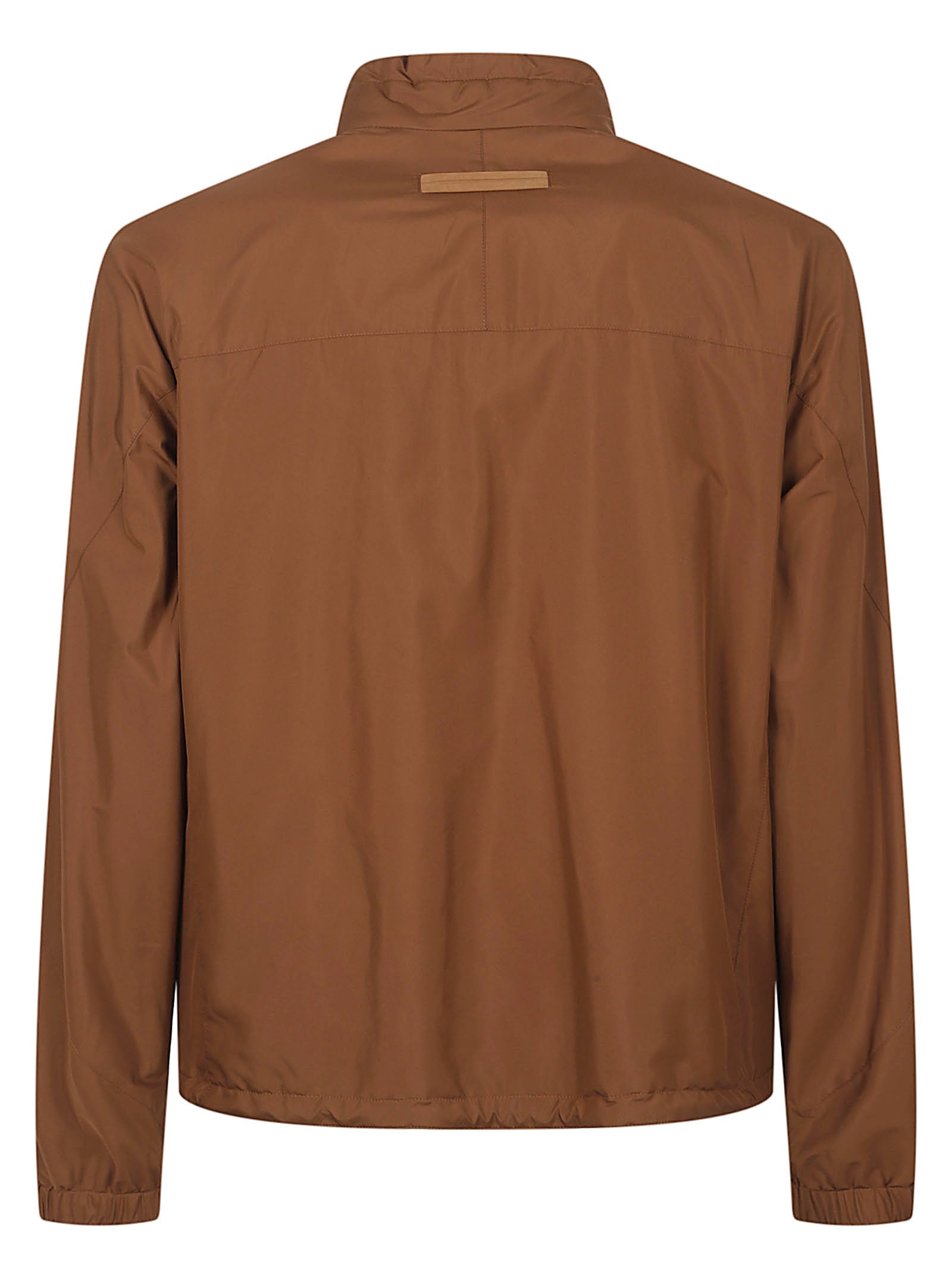Brown Zip-Front Casual Jacket with Leather Detailing