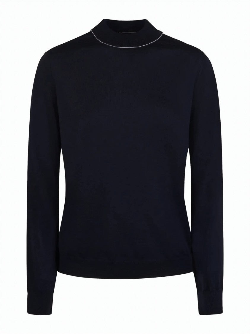 Fitted Knit Top With High Neckline And Contrast Stitching