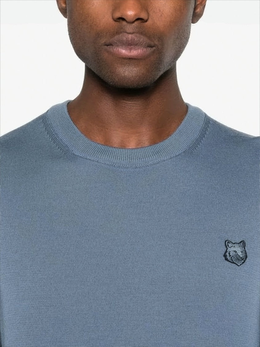 Muted Blue Fine Wool Sweater With Embroidered Fox Emblem