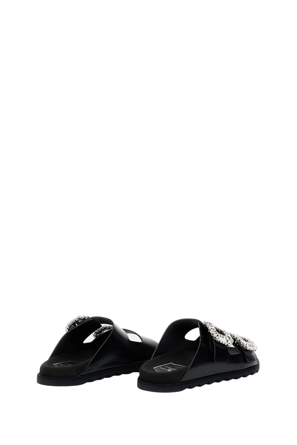 Flat Black Sandals With Crystal Embellishments