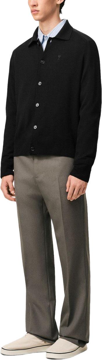 Classic Black Wool Cardigan With Embroidered Heart Emblem