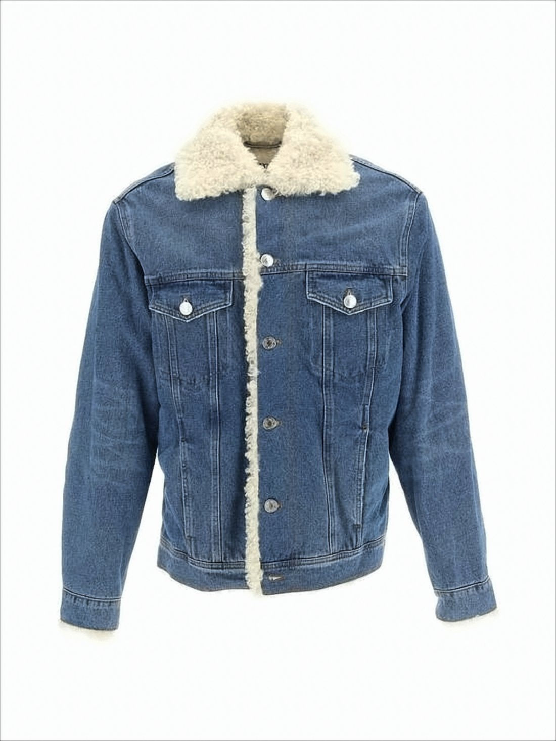 Medium Blue Wash Denim Jacket with Shearling Trim