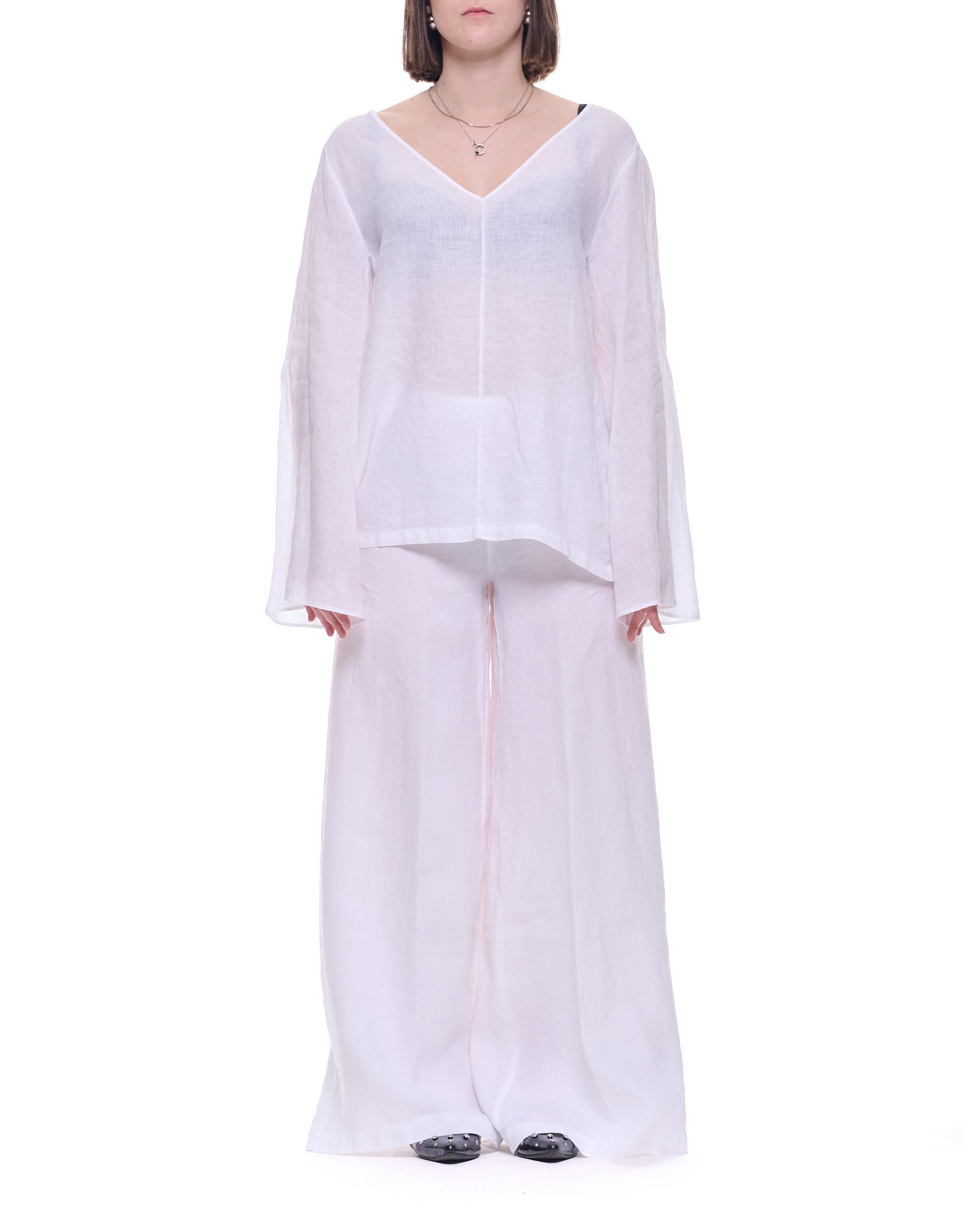 White V-Neck Linen Long-Sleeve Top