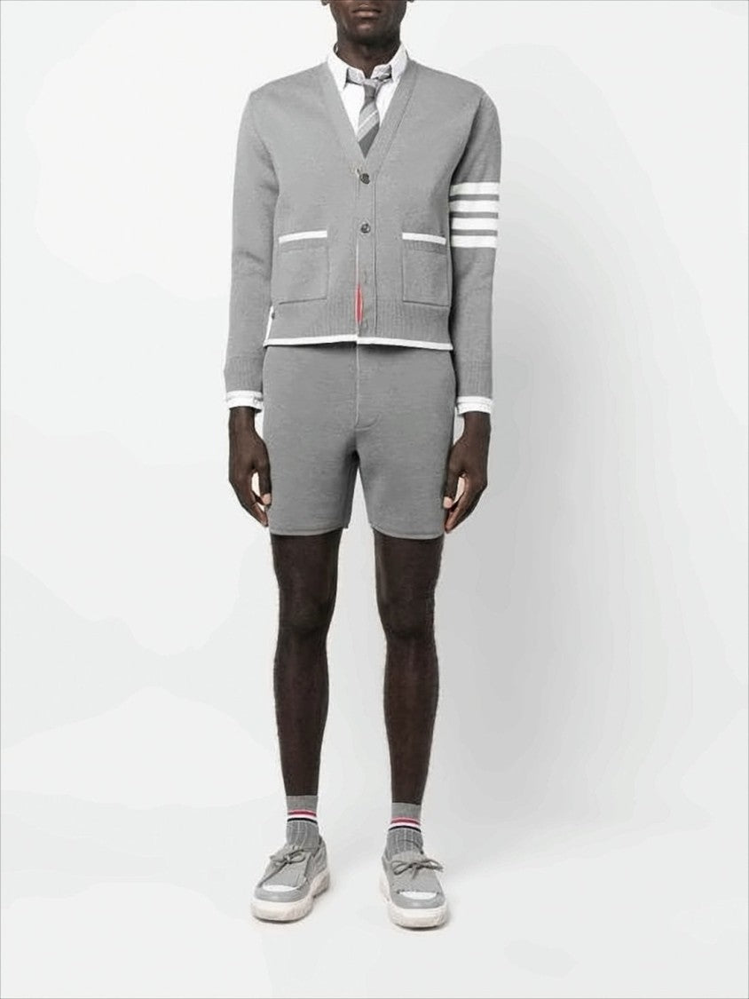 Cropped Grey Cardigan with V-Neckline and Signature Stripes