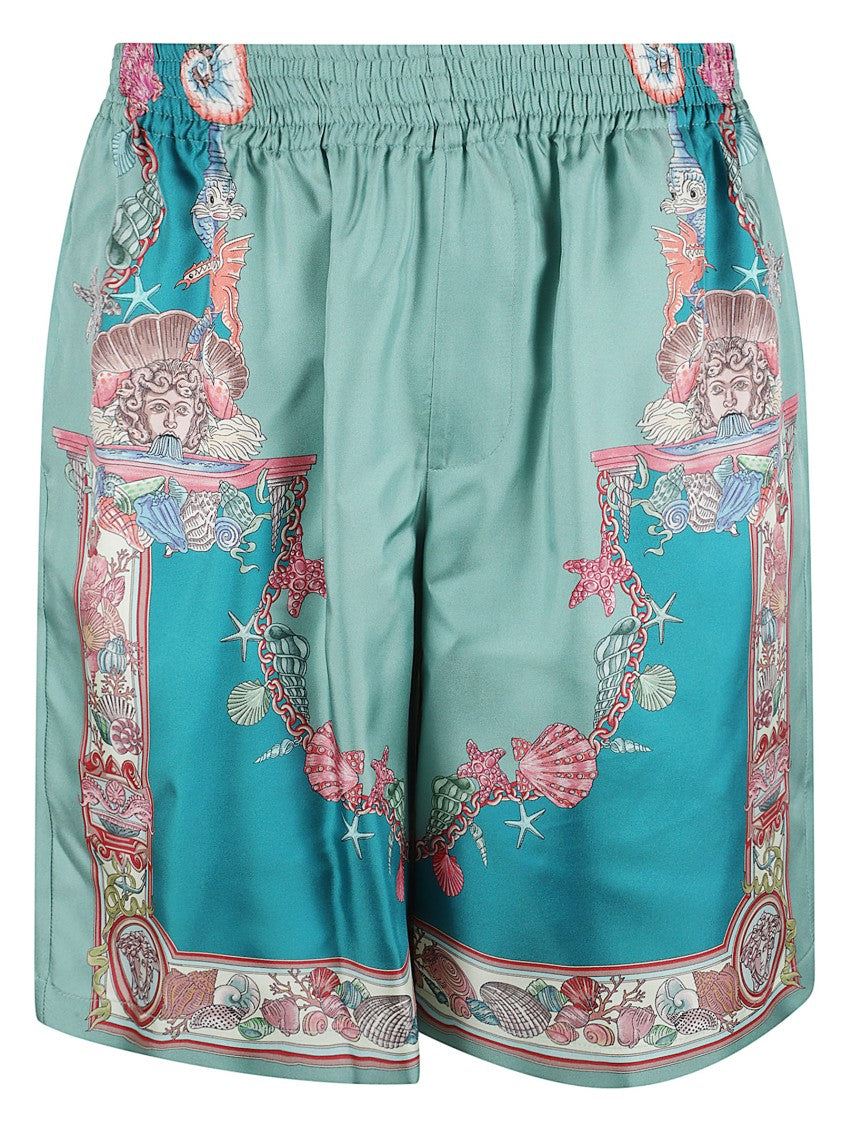 Teal Blue Shorts With Coral Theatre Motif
