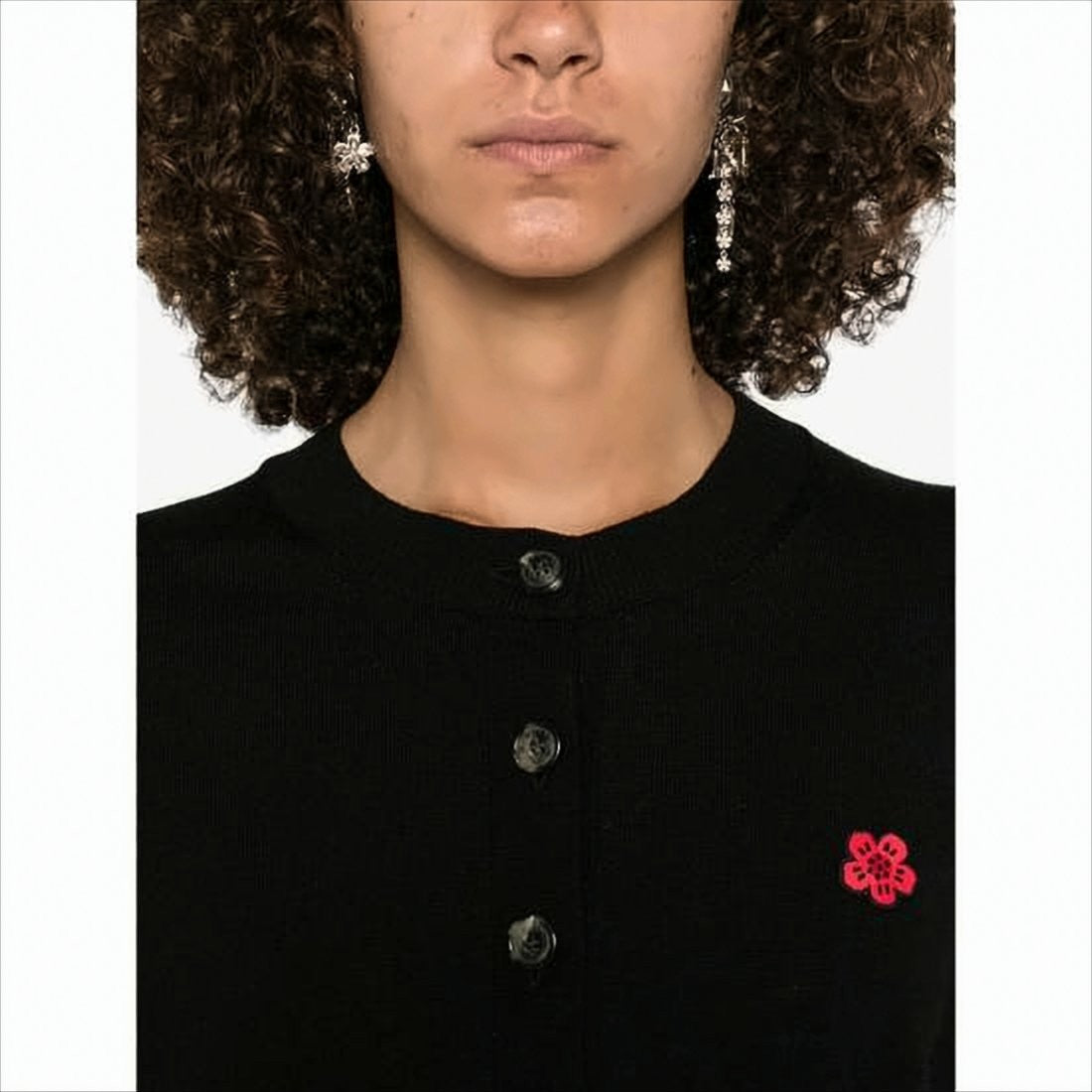 Classic Button-Up Wool Cardigan With Embroidered Floral Emblem