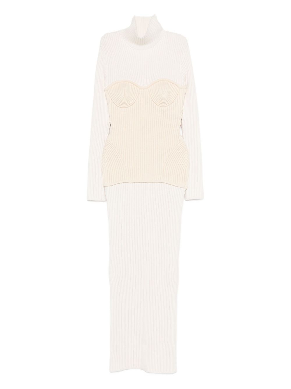 Ankle-Length Off-White Ribbed Knit Dress