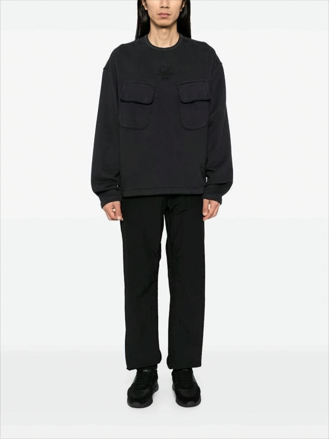 Boxy Black Long-Sleeve T-Shirt with Flap Pockets